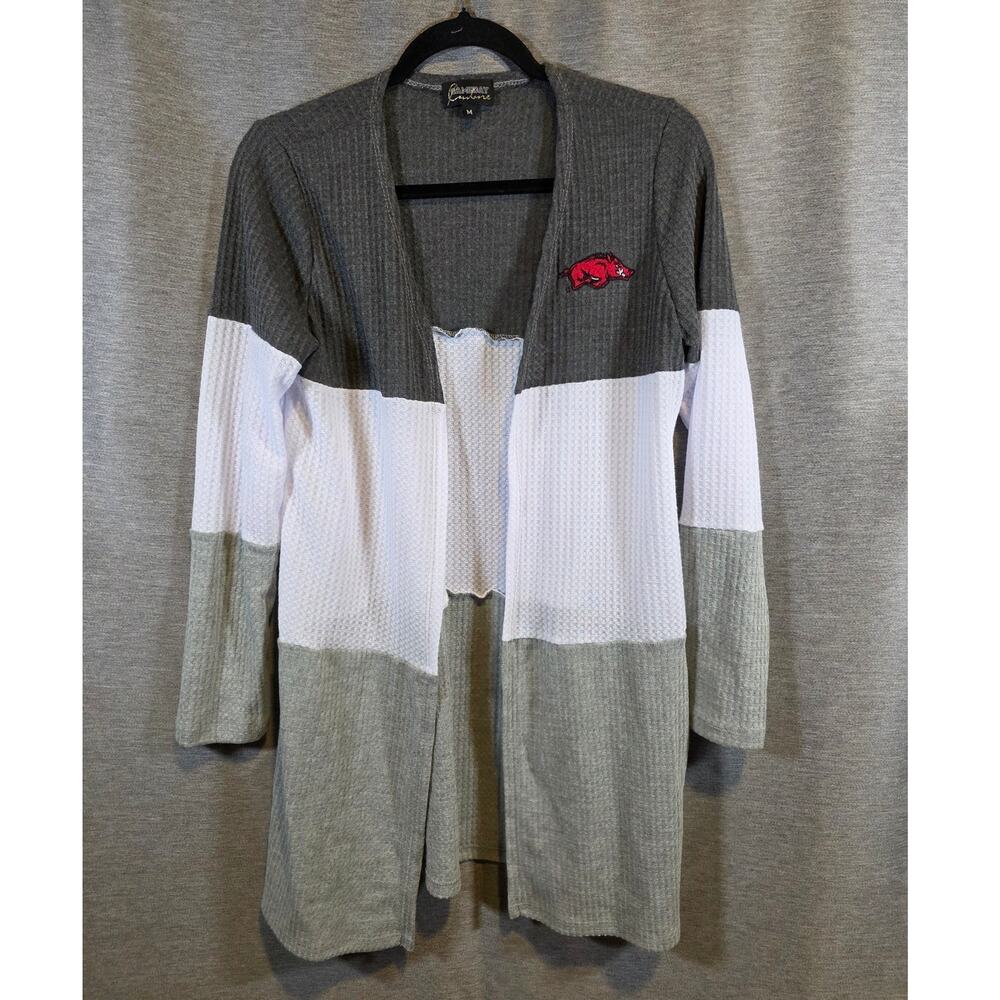 Gameday Couture Cardigan Sweater Arkansas Razorbacks Logo Gray White Strip Sz M